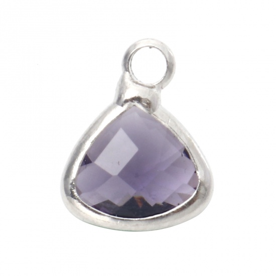 Picture of Copper & Glass Birthstone Charms Triangle February Silver Tone Purple 11mm x 8mm, 5 PCs