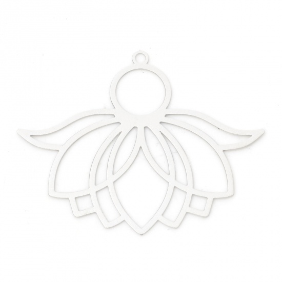 Picture of Iron Based Alloy Filigree Stamping Religious Pendants Silver Tone Lotus Flower 3.9cm x 3.1cm, 10 PCs