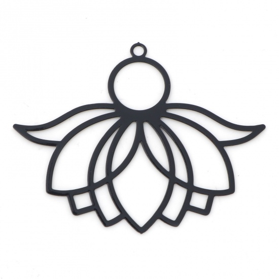 Image de Pendentifs Estampe en Filigrane Religieux en Alliage de Fer Fleur de Lotus Noir Laqué 3.9cm x 3.1cm, 10 Pcs
