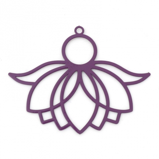 Image de Pendentifs Estampe en Filigrane Religieux en Alliage de Fer Fleur de Lotus Violet Laqué 3.9cm x 3.1cm, 10 Pcs
