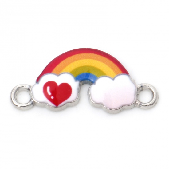 Immagine di Lega di Zinco Tempo Collezione Connettore Accessori Arcobaleno Tono Argento Multicolore Cuore Disegno Smalto 23mm x 11mm, 20 Pz