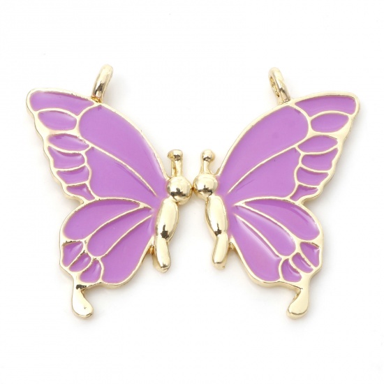 Picture of Zinc Based Alloy Best Friends Pendants Gold Plated Purple Butterfly Animal Enamel 3.2cm x 2.1cm, 5 Pairs
