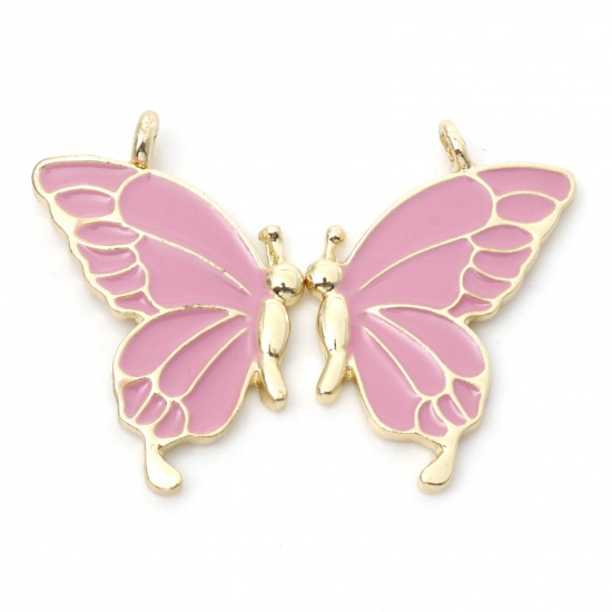 Picture of Zinc Based Alloy Best Friends Pendants Gold Plated Pink Butterfly Animal Enamel 3.2cm x 2.1cm, 5 Pairs