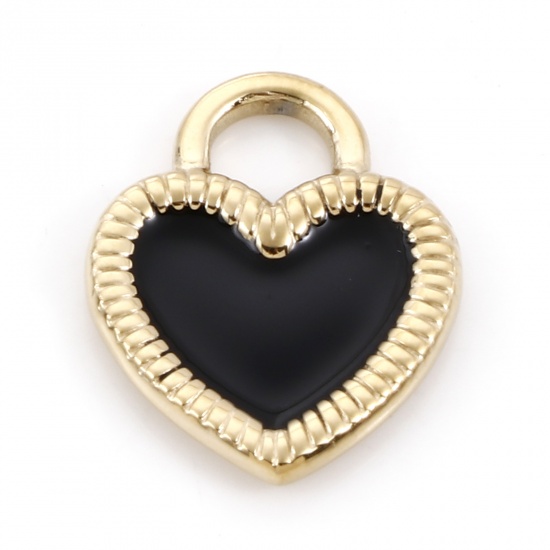 Picture of 304 Stainless Steel Valentine's Day Charms 14K Gold Color Black Lock Heart Enamel 19.5mm x 15.5mm, 1 Piece