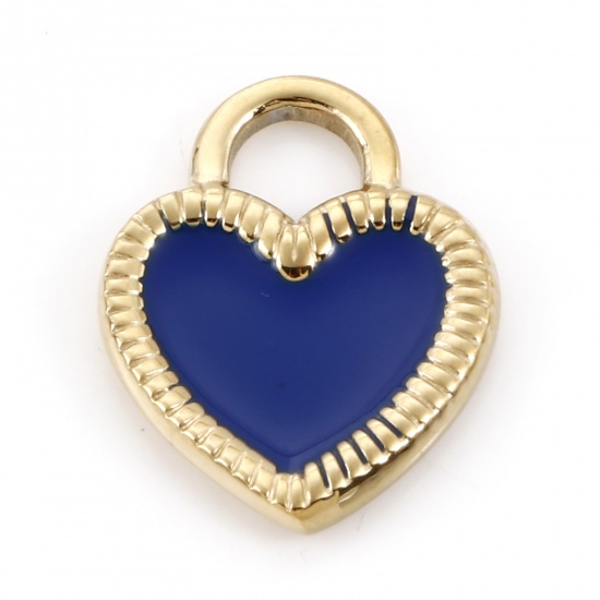 Picture of 304 Stainless Steel Valentine's Day Charms 14K Gold Color Dark Blue Lock Heart Enamel 19.5mm x 15.5mm, 1 Piece