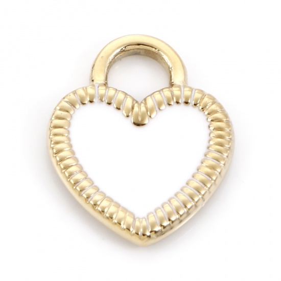 Picture of 304 Stainless Steel Valentine's Day Charms 14K Gold Color White Lock Heart Enamel 19.5mm x 15.5mm, 1 Piece