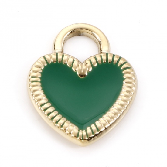 Picture of 304 Stainless Steel Valentine's Day Charms 14K Gold Color Dark Green Lock Heart Enamel 19.5mm x 15.5mm, 1 Piece