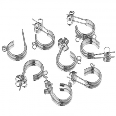 Picture of 304 Stainless Steel Ear Post Stud Earrings C Shape Silver Tone With Loop 15mm Dia., 4mm, 10 PCs