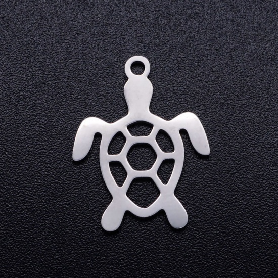 201ステンレス鋼 海ジュエリー チャーム 亀 シルバートーン 透かし 19mm x 14mm、 5 個 の画像