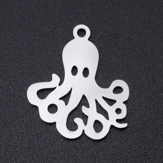 201ステンレス鋼 海ジュエリー チャーム 章魚 シルバートーン 透かし 18mm x 20mm、 5 個 の画像
