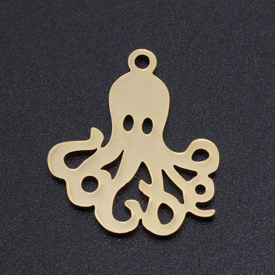201ステンレス鋼 海ジュエリー チャーム 章魚 金メッキ 透かし 18mm x 20mm、 5 個 の画像
