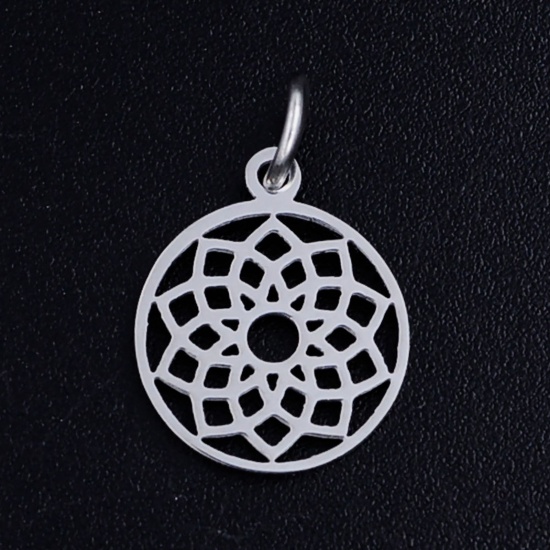 Immagine di 201 Acciaio Inossidabile Yoga Charms Tondo Tono Argento Sahasrara Filigrana 17mm x 11mm, 5 Pz