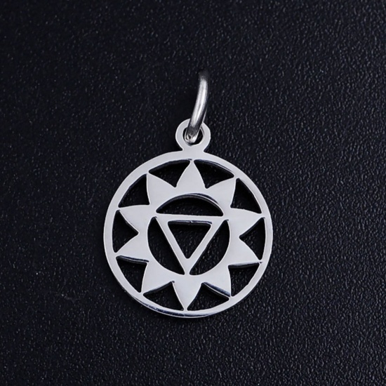 Immagine di 201 Acciaio Inossidabile Yoga Charms Tondo Tono Argento Nabhi/ Manipura Filigrana 17mm x 11mm, 5 Pz