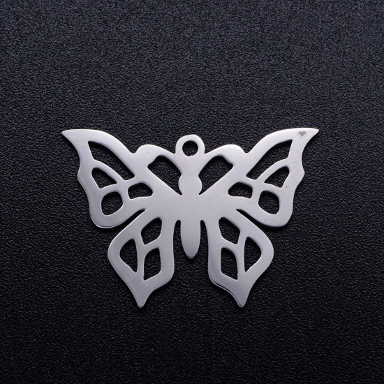 Picture of 201 Stainless Steel Charms Silver Tone Butterfly Animal Hollow 14.5mm x 10mm, 2 PCs
