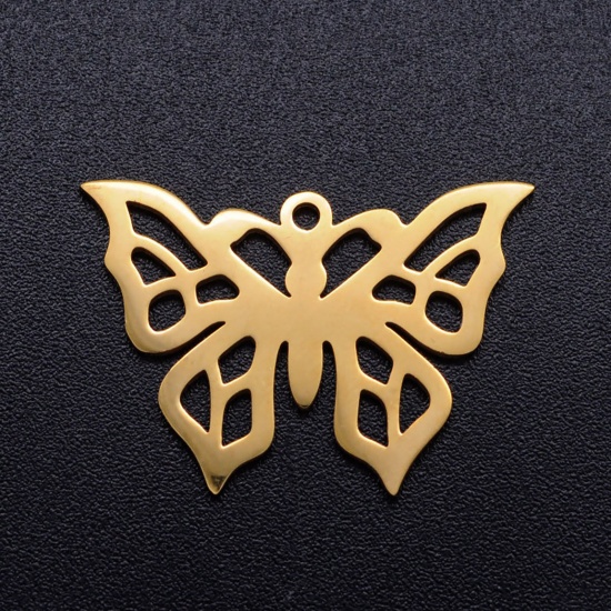 Picture of 201 Stainless Steel Charms Gold Plated Butterfly Animal Hollow 25mm x 18mm, 2 PCs