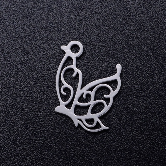 Picture of 201 Stainless Steel Charms Silver Tone Butterfly Animal Hollow 16mm x 13mm, 2 PCs