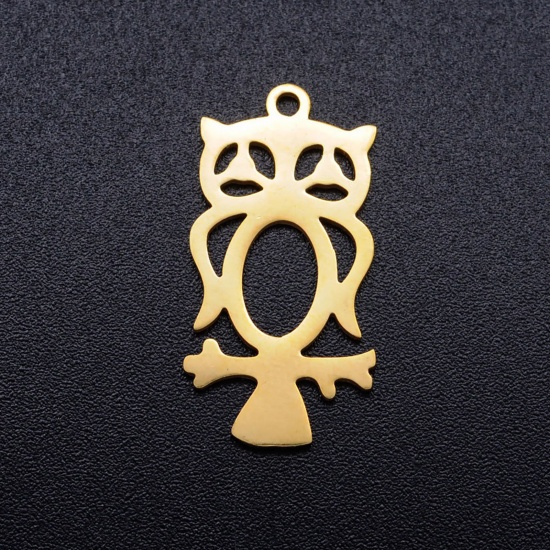 Picture of 201 Stainless Steel Charms Gold Plated Owl Animal Hollow 23mm x 12mm, 2 PCs