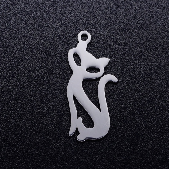 Picture of 201 Stainless Steel Charms Silver Tone Cat Animal Hollow 23mm x 10mm, 2 PCs