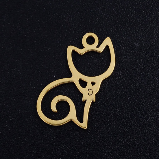 Picture of 201 Stainless Steel Charms Gold Plated Cat Animal Hollow 16mm x 9mm, 2 PCs