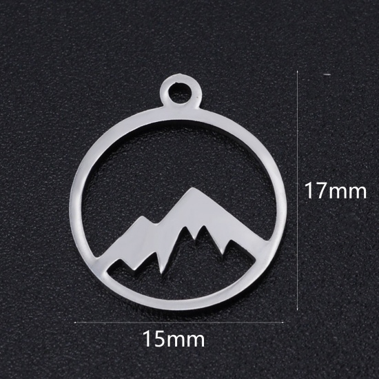 Picture of 201 Stainless Steel Charms Silver Tone Round Mountain Hollow 17mm x 15mm, 2 PCs