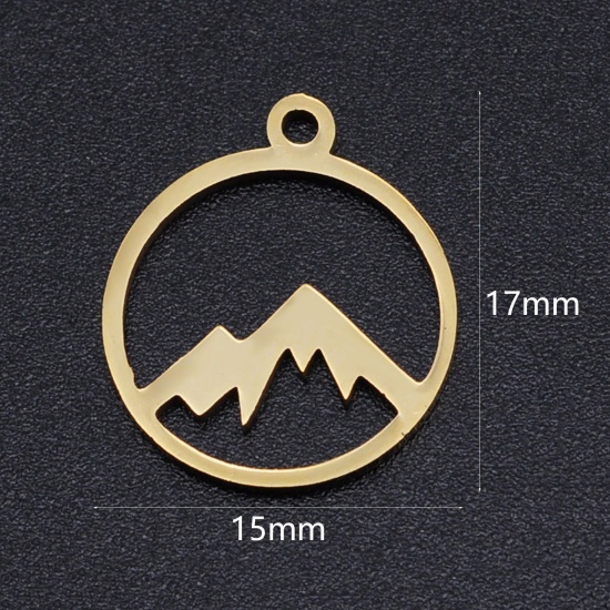 Picture of 201 Stainless Steel Charms Gold Plated Round Mountain Hollow 17mm x 15mm, 2 PCs