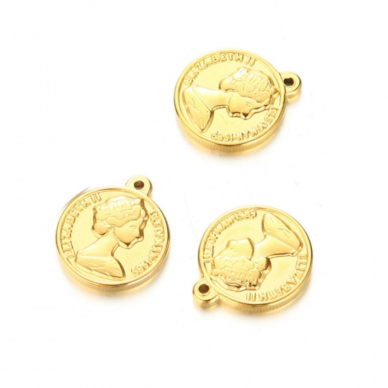 Image de Breloques en 304 Acier Inoxydable Monnaie Métallique Doré Reine 22mm x 19mm , 2 Pcs