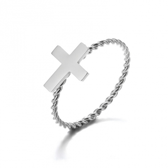 Picture of 304 Stainless Steel Religious Unadjustable Rings Silver Tone Braided Cross 17.3mm(US Size 7), 1 Piece