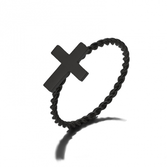 Picture of 304 Stainless Steel Religious Unadjustable Rings Black Braided Cross 17.3mm(US Size 7), 1 Piece