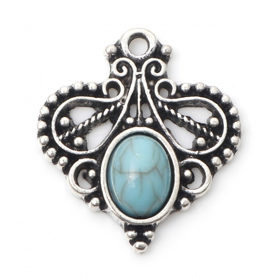 Picture of Zinc Based Alloy Boho Chic Bohemia Charms Antique Silver Color Heart Carved Pattern With Resin Cabochons Imitation Turquoise 22mm x 20mm, 10 PCs