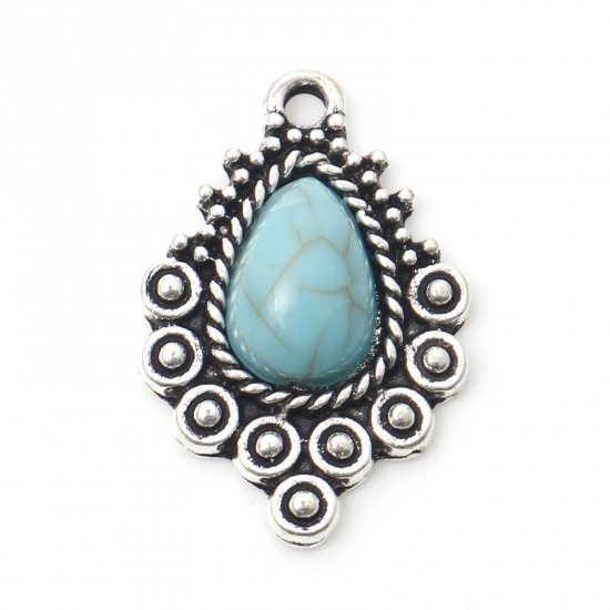 Picture of Zinc Based Alloy Boho Chic Bohemia Charms Antique Silver Color Drop Carved Pattern With Resin Cabochons Imitation Turquoise 22mm x 15mm, 10 PCs