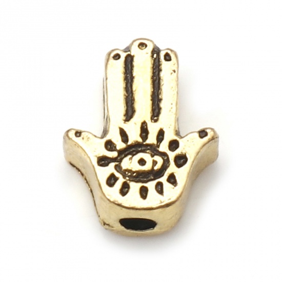 Picture of Zinc Based Alloy Religious Spacer Beads Gold Tone Antique Gold Hamsa Symbol Hand Eye About 9mm x 7mm, Hole: Approx 1.4mm, 20 PCs
