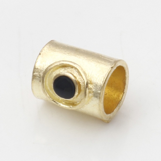 Immagine di Lega di Zinco Perline Oro Placcato Nero Cilindrico Smalto Circa 9mm x 9mm, Foro:Circa 5.2mm, 10 Pz