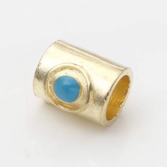 Picture of Zinc Based Alloy Spacer Beads Gold Plated Blue Cylinder Enamel About 9mm x 9mm, Hole: Approx 5.2mm, 10 PCs