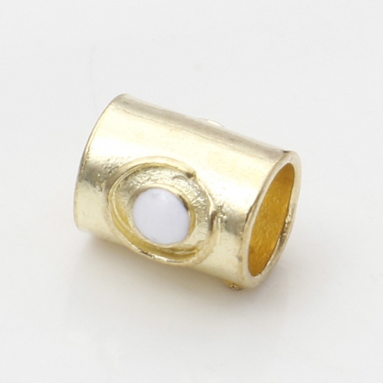 Picture of Zinc Based Alloy Spacer Beads Gold Plated White Cylinder Enamel About 9mm x 9mm, Hole: Approx 5.2mm, 10 PCs