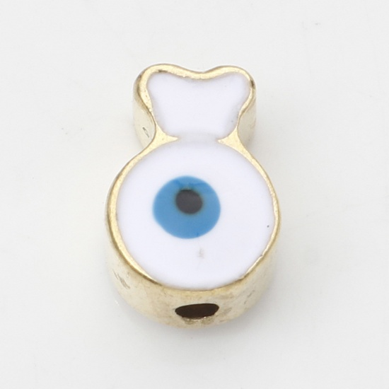 Picture of Zinc Based Alloy Religious Spacer Beads Gold Plated White Fish Animal Evil Eye Enamel About 10mm x 7mm, Hole: Approx 1.6mm, 10 PCs
