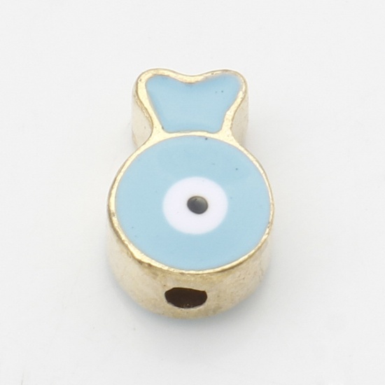 Picture of Zinc Based Alloy Religious Spacer Beads Gold Plated Blue Fish Animal Evil Eye Enamel About 10mm x 7mm, Hole: Approx 1.6mm, 10 PCs