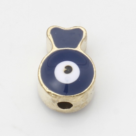 Picture of Zinc Based Alloy Religious Spacer Beads Gold Plated Dark Blue Fish Animal Evil Eye Enamel About 10mm x 7mm, Hole: Approx 1.6mm, 10 PCs