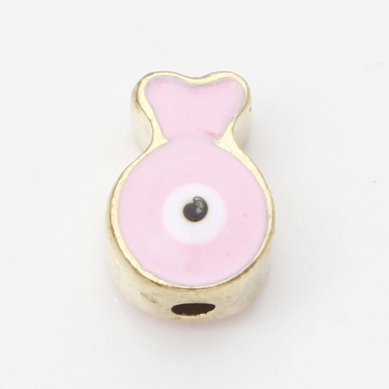 Picture of Zinc Based Alloy Religious Spacer Beads Gold Plated Pink Fish Animal Evil Eye Enamel About 10mm x 7mm, Hole: Approx 1.6mm, 10 PCs