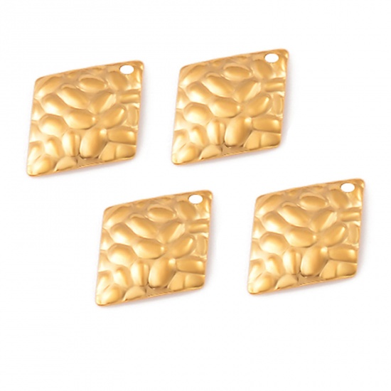 Picture of 304 Stainless Steel Hammered Charms Gold Plated Rhombus Texture 19mm x 15mm, 10 PCs