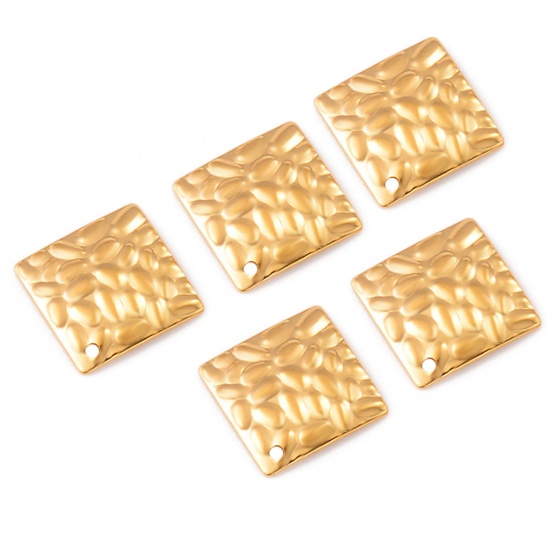 Picture of 304 Stainless Steel Hammered Charms Gold Plated Square Texture 15mm x 15mm, 10 PCs