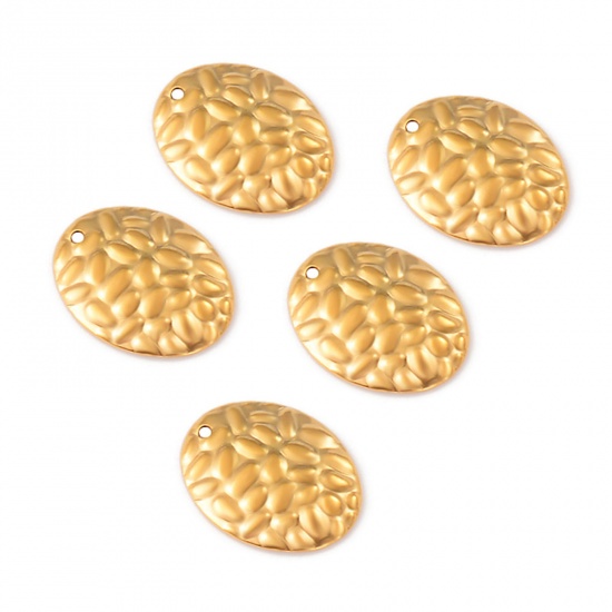 Picture of 304 Stainless Steel Hammered Charms Gold Plated Oval Texture 19.5mm x 15mm, 10 PCs
