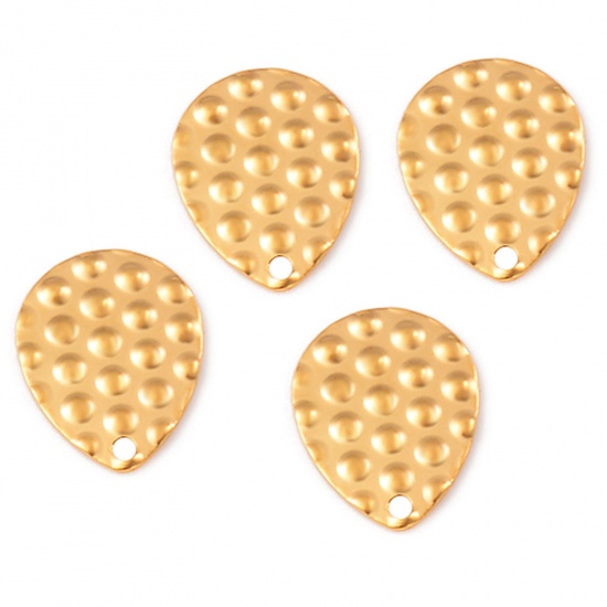 Picture of 304 Stainless Steel Hammered Charms Gold Plated Drop Dot 18mm x 14mm, 10 PCs