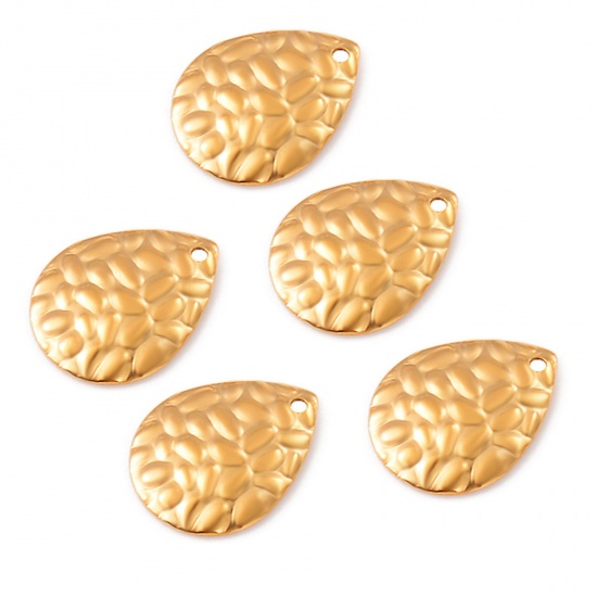 Picture of 304 Stainless Steel Hammered Charms Gold Plated Drop Texture 19mm x 15mm, 10 PCs