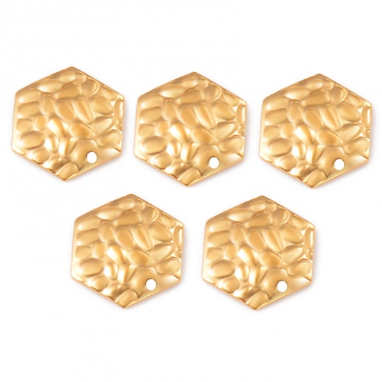 Picture of 304 Stainless Steel Hammered Charms Gold Plated Hexagon Texture 17mm x 15mm, 10 PCs