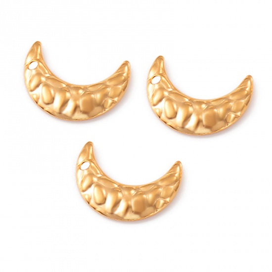 Picture of 304 Stainless Steel Hammered Charms Gold Plated Half Moon Texture 17mm x 12mm, 10 PCs