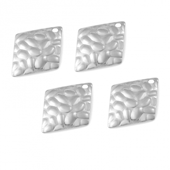 Picture of 304 Stainless Steel Hammered Charms Silver Tone Rhombus Texture 19mm x 15mm, 10 PCs