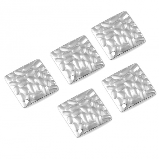 Picture of 304 Stainless Steel Hammered Charms Silver Tone Square Texture 15mm x 15mm, 10 PCs