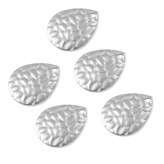 Picture of 304 Stainless Steel Hammered Charms Silver Tone Drop Texture 19mm x 15mm, 10 PCs