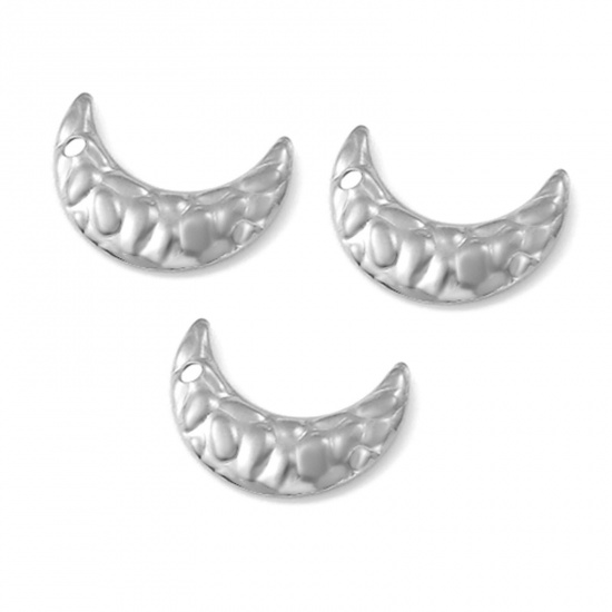 Picture of 304 Stainless Steel Hammered Charms Silver Tone Half Moon Texture 17mm x 12mm, 10 PCs
