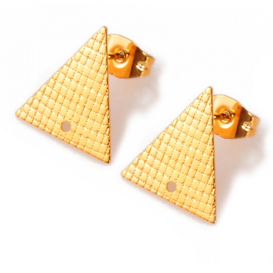 Picture of 304 Stainless Steel Geometry Series Ear Post Stud Earrings Triangle Gold Plated Texture With Loop 13.5mm x 13mm, 10 PCs